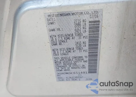 2017 Nissan Pathfinder Sv z USA, uszkodzony, nr VIN 5N1DR2MM2HC651491